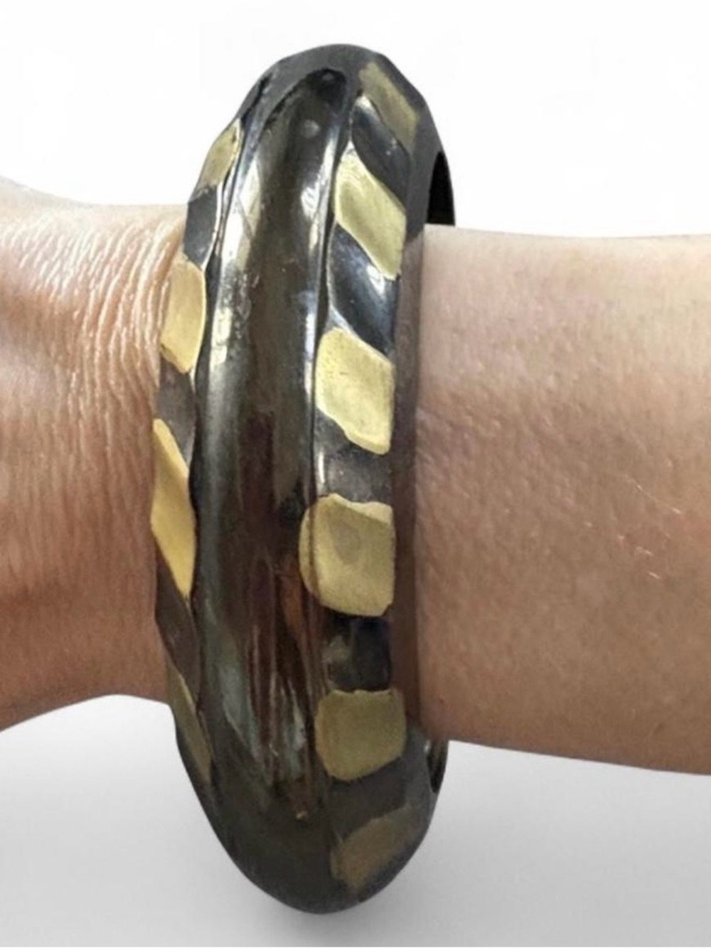 Vintage Bronze & Gold Striped Chunky Bangle Bracelet | 70s 80s Statement Jewelry
